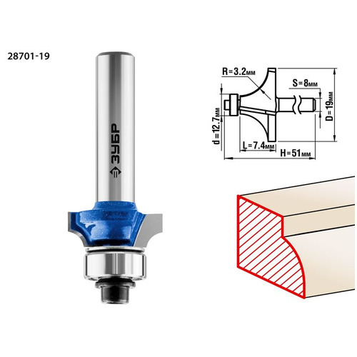 Фреза ЗУБР кромочная калевочная №1 19x7.4 мм ПРОФИ 28701-19