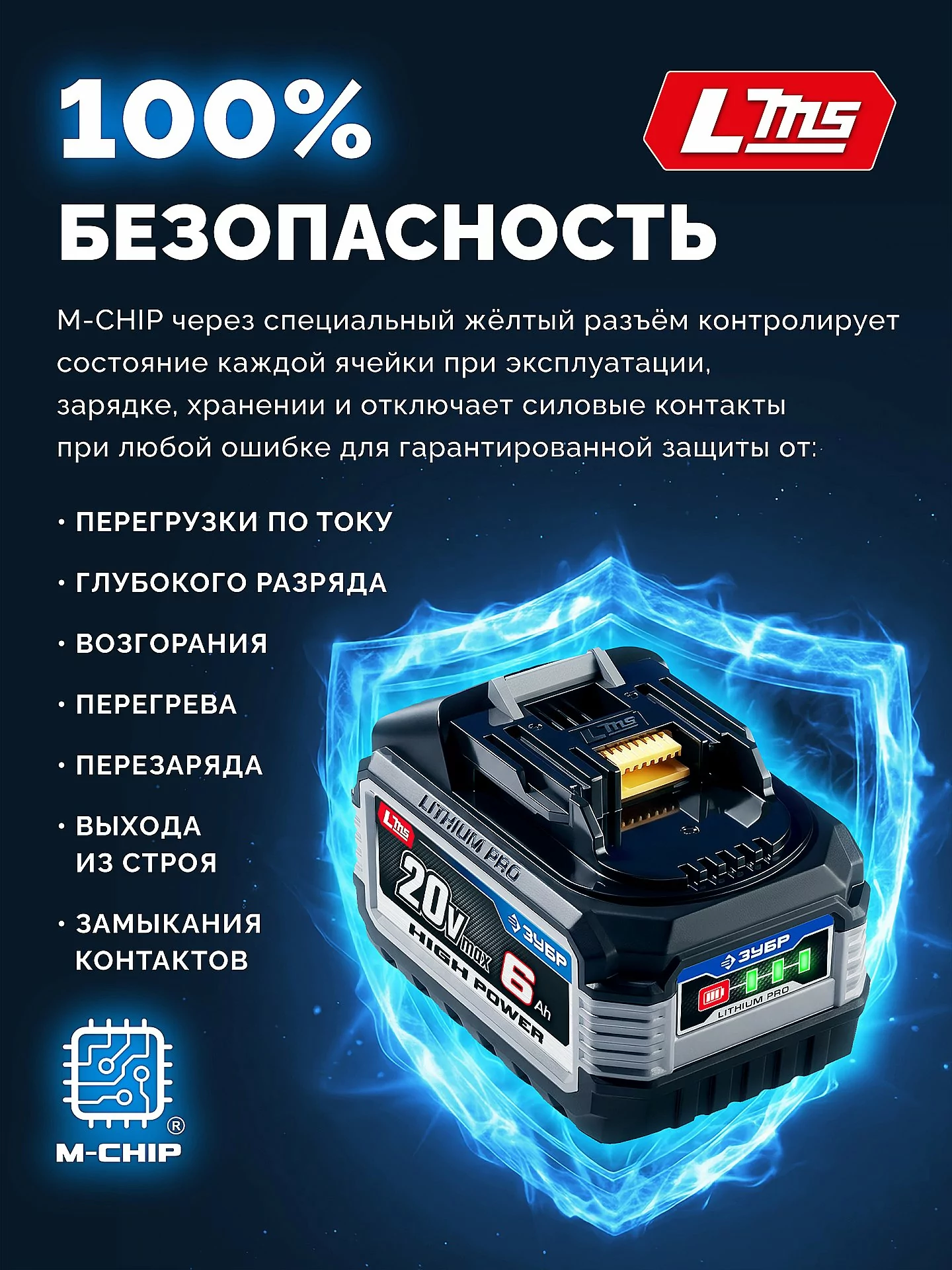 Батарея аккумуляторная ЗУБР BP-H-20-6 High Power, 20 В, 6.0 Ач, тип LMS