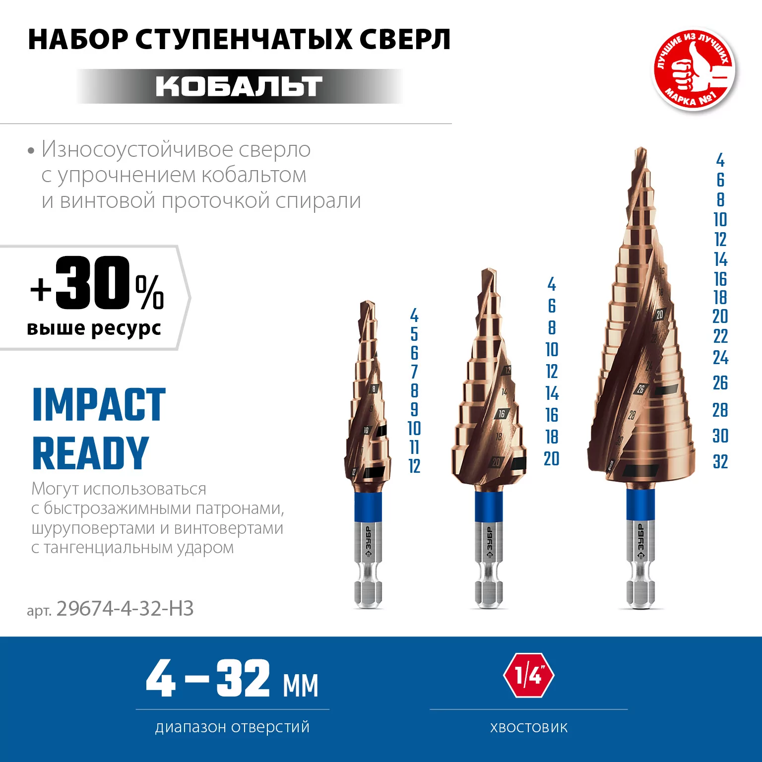 Набор ступенчатых сверл ЗУБР КОБАЛЬТ 3 шт, 4-32мм 29674-4-32-H3