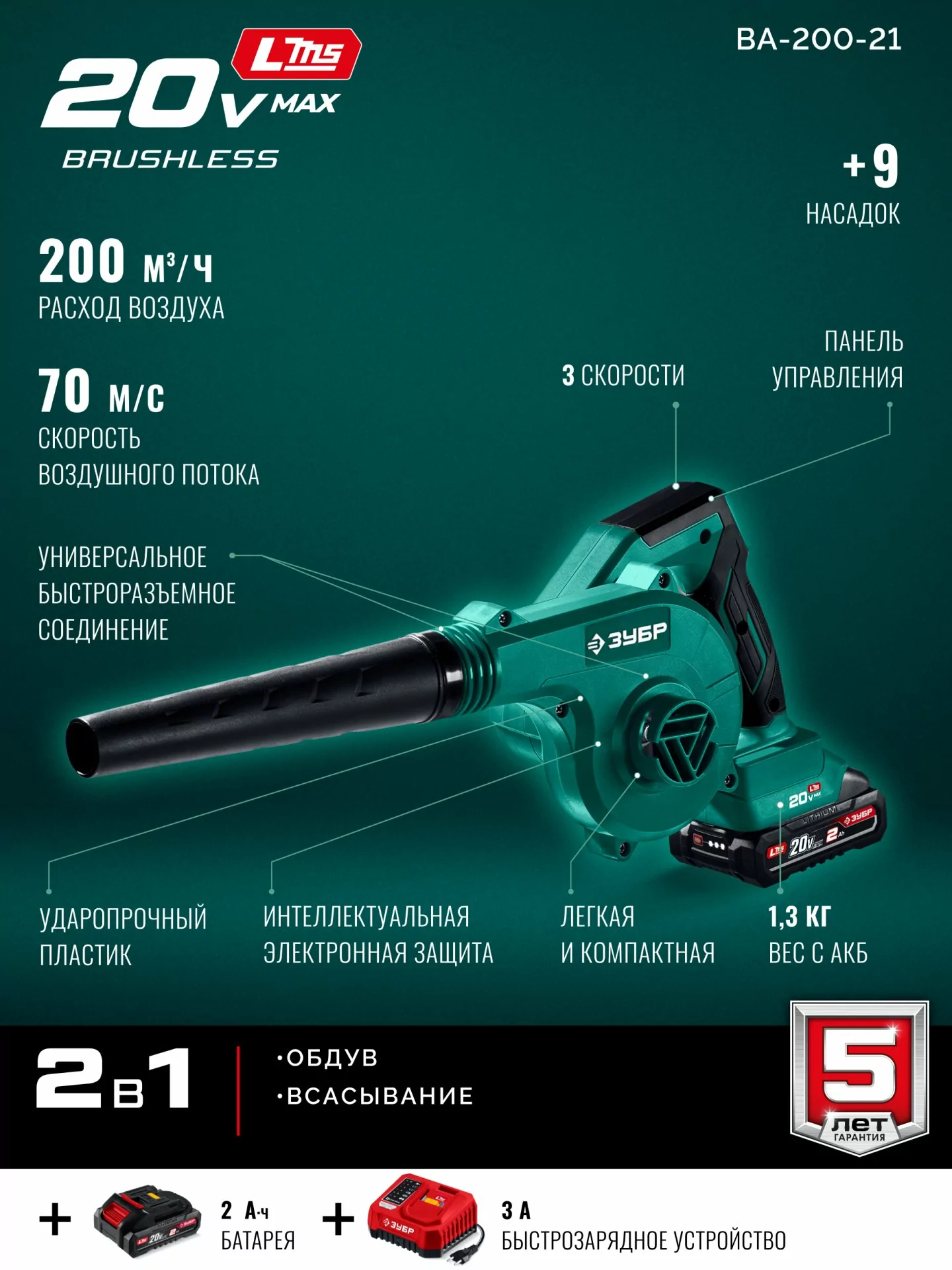 Воздуходувка-пылесос аккумуляторная ЗУБР ВА-200-21 20 В, 1 АКБ LMS (2 Ач)