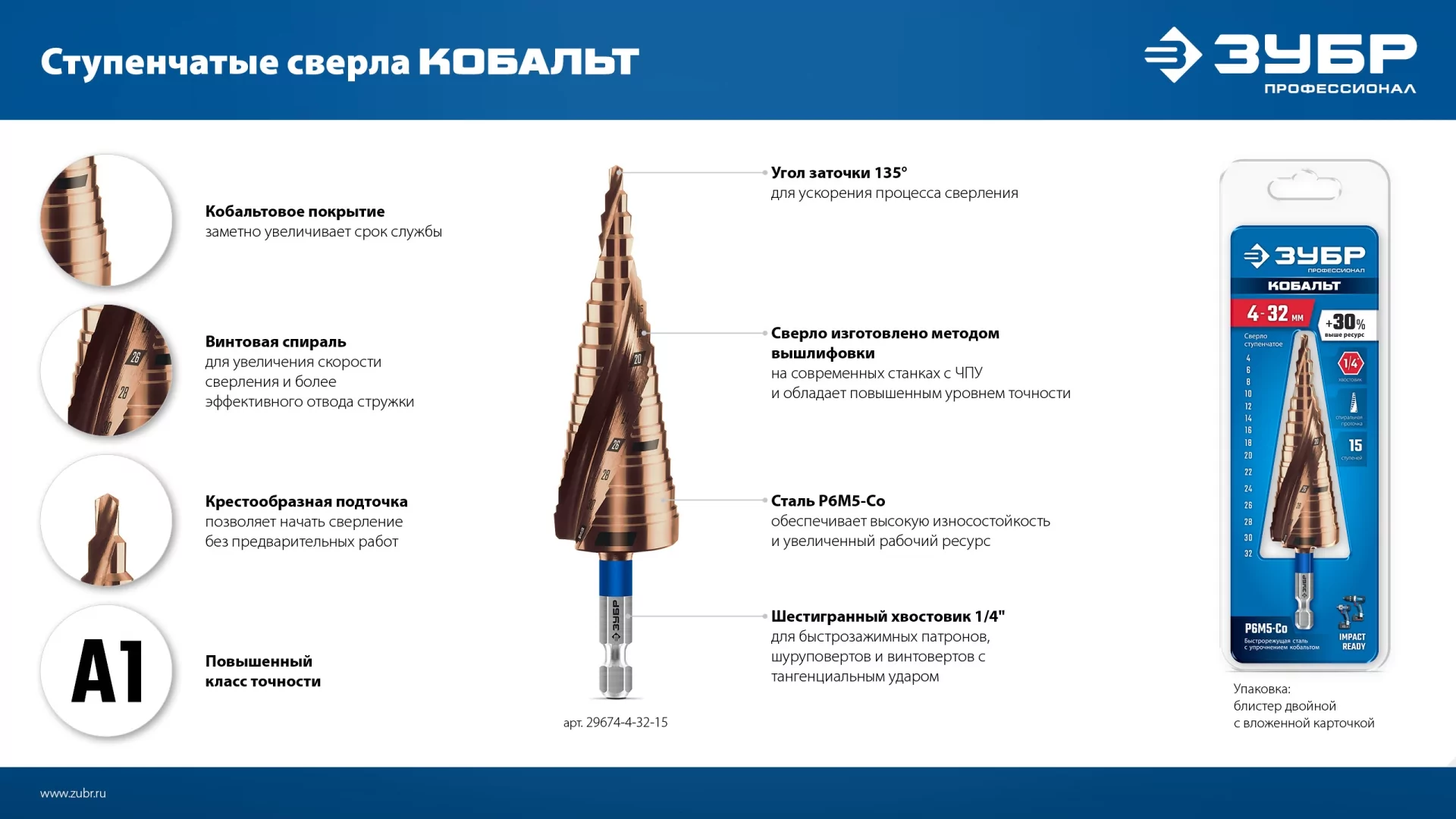 Набор ступенчатых сверл ЗУБР КОБАЛЬТ 3 шт, 4-32мм 29674-4-32-H3